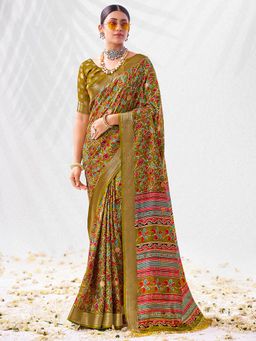 SANSKAR - Green Floral Cotton Zari Bordered Saree with Unstitched Blouse