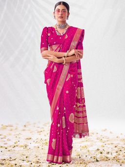 SANSKAR - Pink Ethnic Motifs Cotton Zari Bordered Saree with Unstitched Blouse