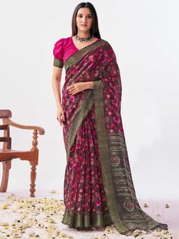 SANSKAR - Pink Floral Cotton Linen Zari Bordered Saree with Unstitched Blouse
