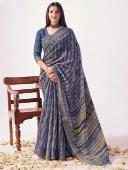 SANSKAR - Blue Ikkat Cotton Linen Zari Bordered Saree with Unstitched Blouse