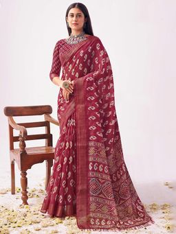 SANSKAR - Red Ikkat Cotton Linen Zari Bordered Saree with Unstitched Blouse
