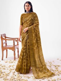 SANSKAR - Green Paisley Cotton Linen Zari Bordered Saree with Unstitched Blouse