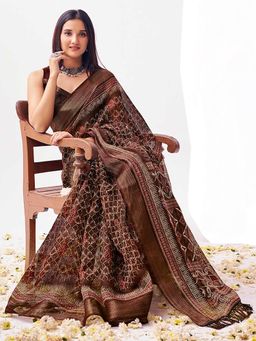 SANSKAR - Brown Geometric Cotton Linen Zari Bordered Saree with Unstitched Blouse