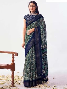 SANSKAR - Navy Blue Printed Cotton Linen Zari Bordered Saree with Unstitched Blouse