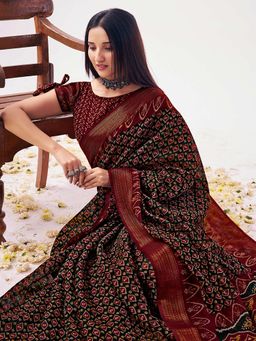 SANSKAR - Maroon Geometric Cotton Linen Zari Bordered Saree with Unstitched Blouse