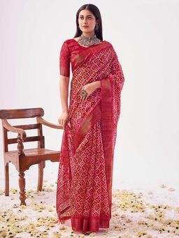SANSKAR - Peach Geometric Cotton Linen Zari Bordered Saree with Unstitched Blouse
