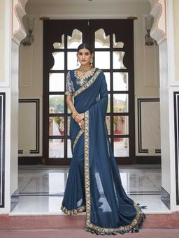 Odette - Teal Blue Two Tone Vichitra Silk Embroidered Saree with Unstitched Blouse