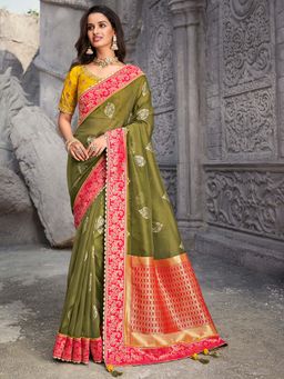 Odette - Green Banarasi Silk Paisley Designer Saree with Unstitched Blouse