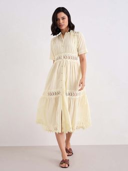 Styli - Off White Self Design Flared Dress