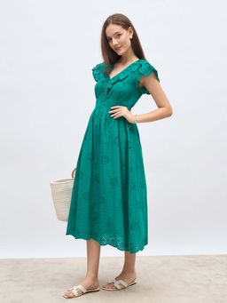 Styli - Teal Self Design Flared Dress