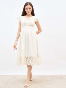 Styli - White Self Design A-Line Dress