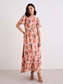 Styli - Peach Printed A-Line Dress