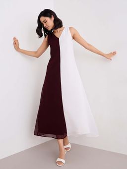 Styli - Maroon Colorblock A-Line Dress