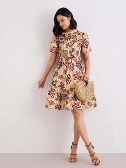 Styli - Beige Printed A-Line Dress with Belt