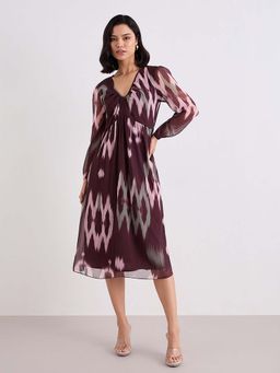Styli - Brown Printed A-Line Dress