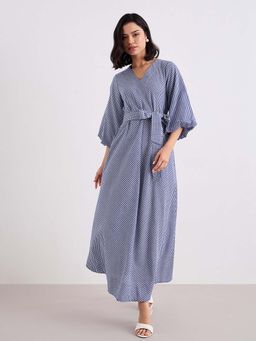 Styli - Blue Checks A-Line Dress with Belt