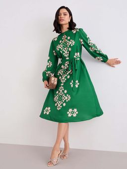 Styli - Green Printed A-Line Dress with Belt