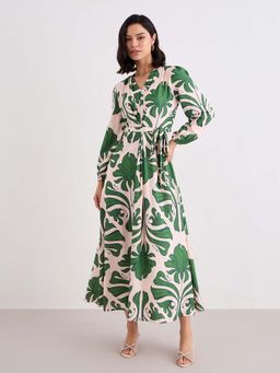 Styli - Green Printed A-Line Dress with Belt