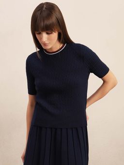 VERO MODA - Navy Blue Self Design Regular Top
