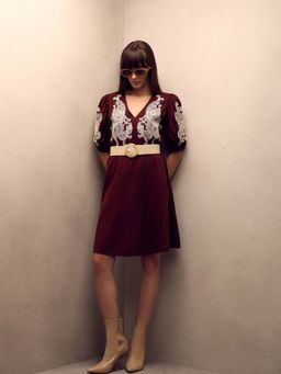 VERO MODA - Brown Embroidered Flared Dress with Belt