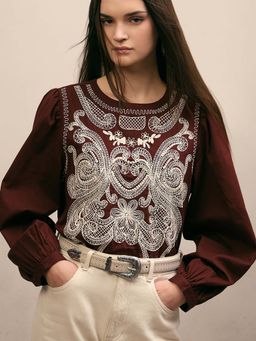VERO MODA - Brown Embroidered Regular Top
