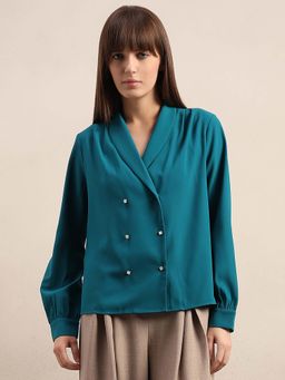 VERO MODA - Blue Solid Regular Blazer Top