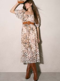 VERO MODA - Beige Printed Flared Dress