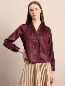 VERO MODA - Maroon Self Design Regular Blazer Top