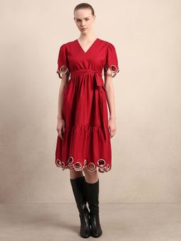 VERO MODA - Red Solid Flared Dress with Belt