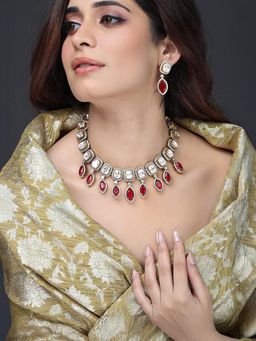 Joules By Radhika - Ruby Teardrop Halo Necklace Set