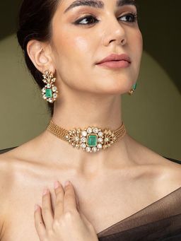 Joules By Radhika - Imperial Emerald Mesh Choker Necklace Set