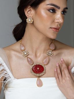 Joules By Radhika - Rose Quartz & Kundan Long Necklace Set