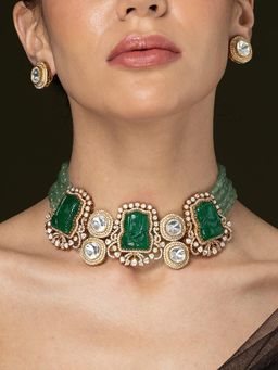 Joules By Radhika - Mint Green Bead & Carved Green Stone Necklace Set