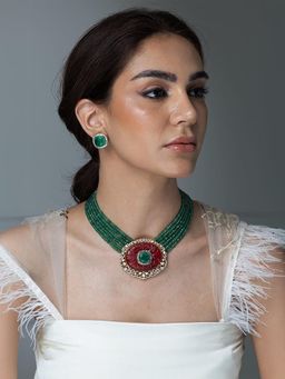 Joules By Radhika - Multi-Strand Green Onyx & Red Stone Pendant Necklace Set