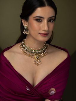 Joules By Radhika - Green Stone Kundan Necklace Set With Pearl Drops