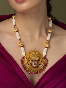 Joules By Radhika - Gold Plated Medallion & Pearl Long Necklace Set