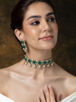 Joules By Radhika - Simple Green & Pearl Choker Necklace Set