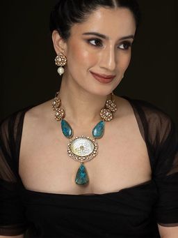 Joules By Radhika - Light Blue Carved Stone Long Necklace Set