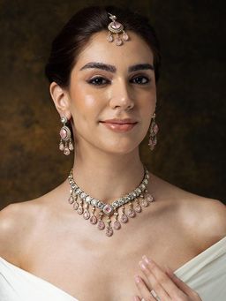 Joules By Radhika - Pink Pearl & Emerald Carved Stone Necklace With Pair Earrings And Maangtikka
