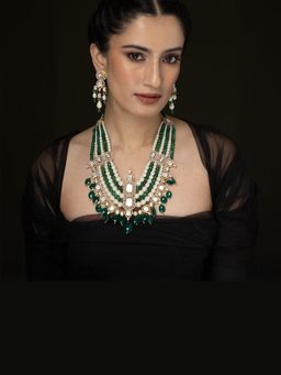 Joules By Radhika - Kundan Multi-Layered Drop Green Stone Choker Necklace Set