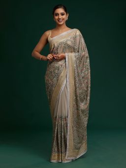 Koskii - Light Grey Threadwork Georgette Saree with Unstitched Blouse