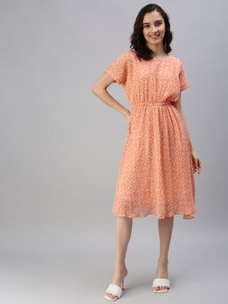 SHOWOFF - Women's Knee Length Floral Peach Round Neck Fit And Flare Dress