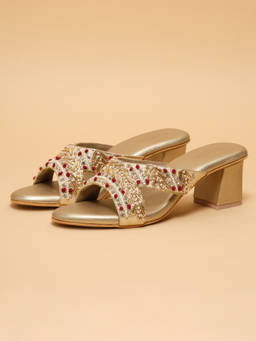 ERIDANI - Aiza Gold Pearl and Sequin Criss-Cross Strap Open Toe Sandal Heels