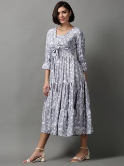 SHOWOFF - Womens Shoulder Straps Floral Grey Midi Dress