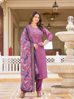 Odette - Purple Rayon Embroidered Kurta with Pant and Dupatta (Set of 3)