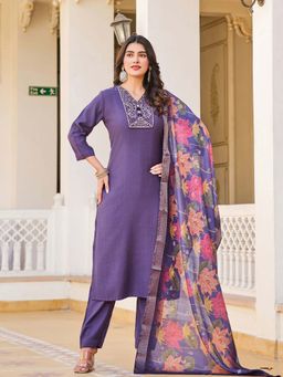 Odette - Purple Floral Embroidered Kurta with Pant and Dupatta (Set of 3)