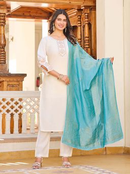 Odette - White Rayon Floral Embroidered Kurta with Pant and Dupatta (Set of 3)