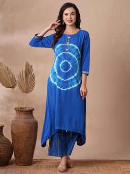 FASHOR - Ethnic Shibori Tie Dyed Straight Kurta with Pant - Blue (Set of 2)