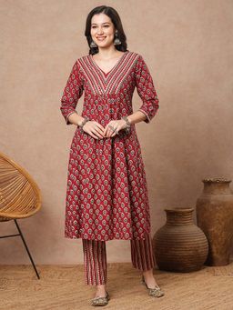 FASHOR - Printed A-Line Pleated Kurta with Pant - Red (Set of 2)