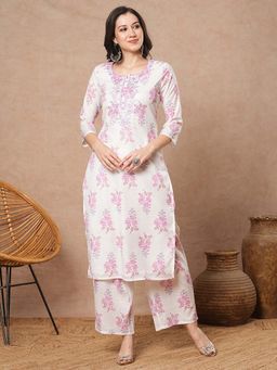 FASHOR - Floral Embroidered Straight Fit Kurta with Palazzo - White (Set of 2)